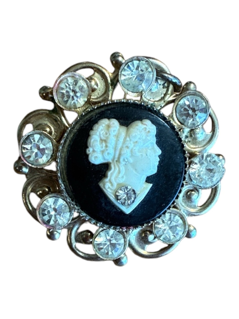 Vintage Black and Gold Celluloid Cameo Brooch/Pendant with Clear Rhinestones